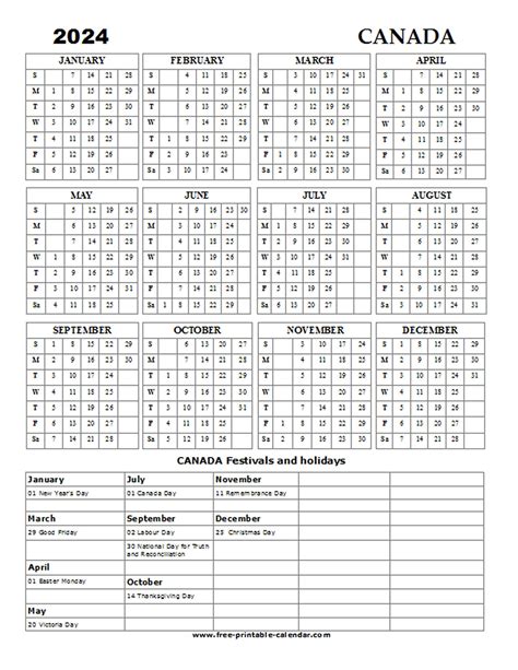 2024 Printable Calendar One Page Canada With Holidays 2024 Calendar