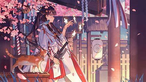 Free Download Anime Girl Shrine Katana Sandals Sakura Blossom
