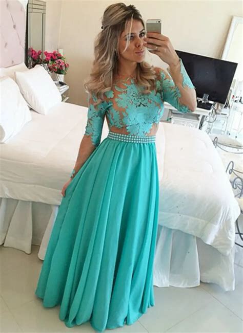 Long Sleeve Prom Dress 2016 Turquoise Chiffon Nude Tulle Appliques A