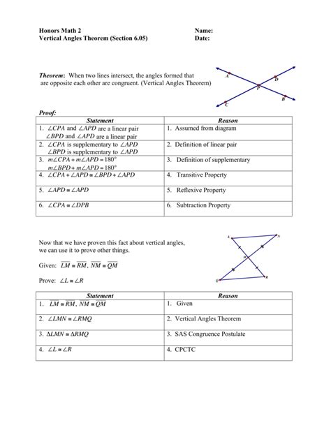 Honors Math 2 Name Vertical Angles Theorem Section 605 Date