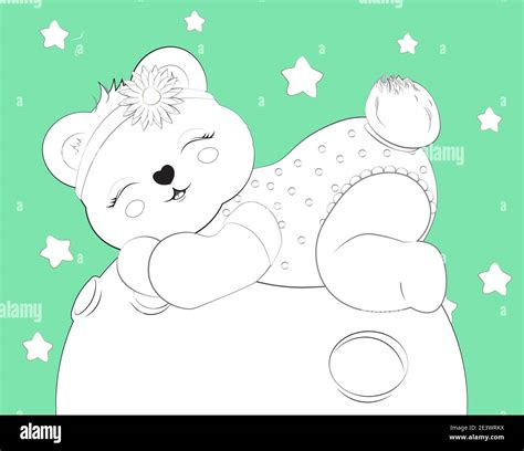 Coloring Book Sleeping Girl Baby Teddy Bear On Moon Picture In Hand