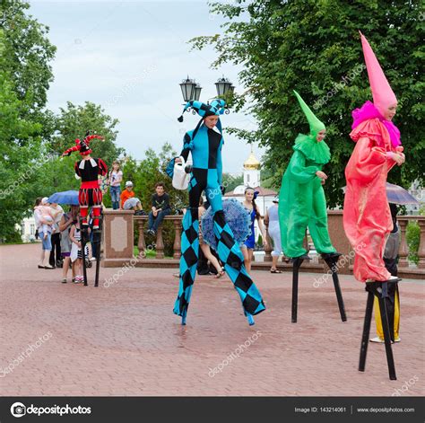 Buffoons On Stilts During Festival Slavic Bazaar Vitebsk Belarus