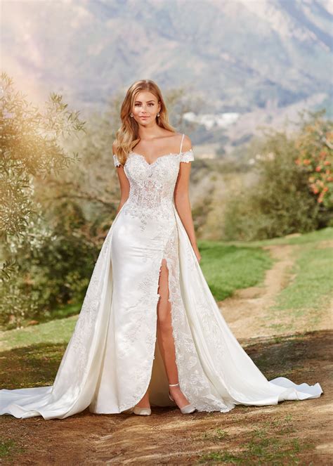 A Line Beaded Ivory Lace Satin Side Slit Wedding Dress With Detachable