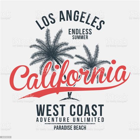 캘리포니아 로스 앤젤레스 인쇄 술입니다 트로픽 손바닥과 t셔츠 그래픽 캘리포니아에 대한 스톡 벡터 아트 및 기타 이미지 캘리포니아 문자 복고풍 istock
