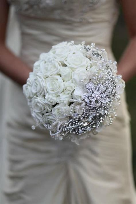 Gorgeous White Rose Embellished With Diamond Brooch Bouquet Wedding