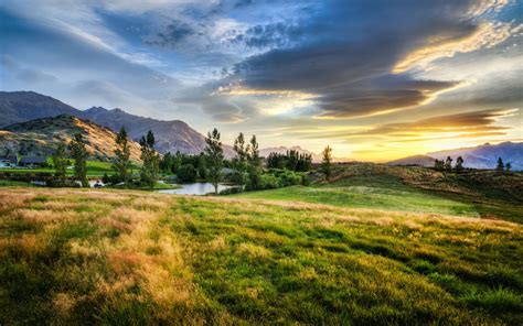 New Zealand Sunset Prairie Mountains Pond Landscape