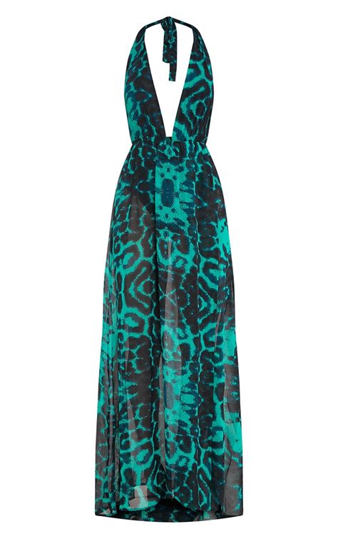 Alina Green Leopard Print Plunge Maxi Dress Dresses