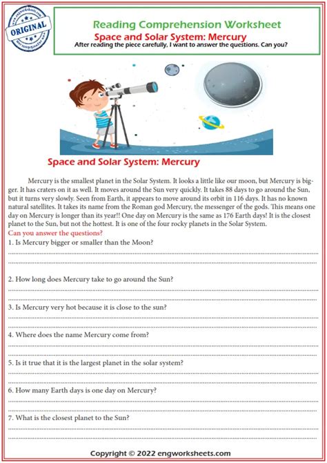 Reading Comprehension Worksheets Solar System Mercury Planet Reading