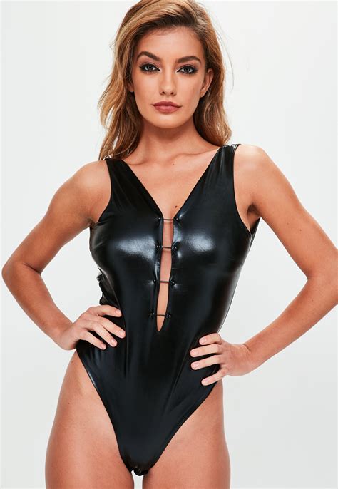 Lyst Missguided Black Faux Leather Bodysuit In Black
