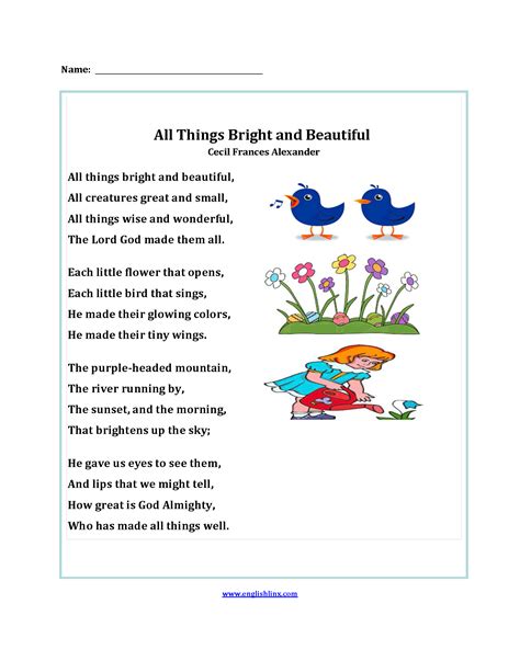 All Things Bright And Beautiful Poetry Worksheets Poetry Worksheets