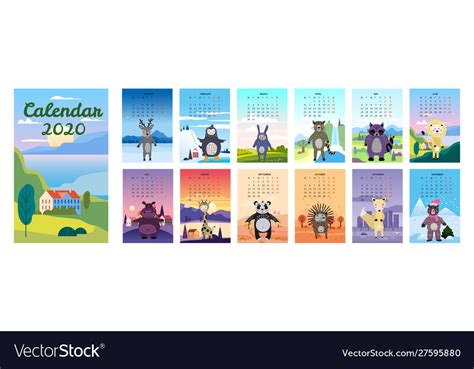 2020 Calendar Cute Animals Characters Background Vector Image