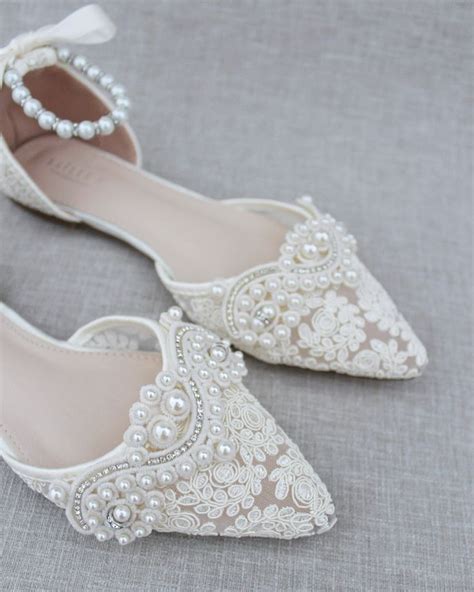 Ivory Crochet Lace Pointy Toe Flats With Small Pearls Applique Pointy