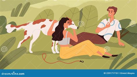 Couple And Dog Relaxing In Nature On Summer Holidays Happy Man And