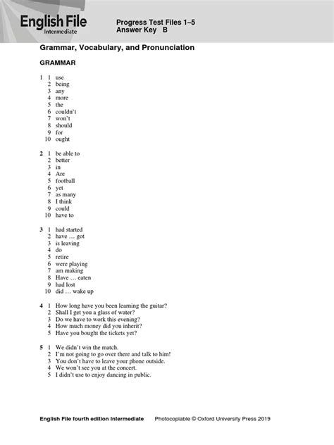 Progress Test Files 1 5 Answer Key B Grammar Vocabulary And