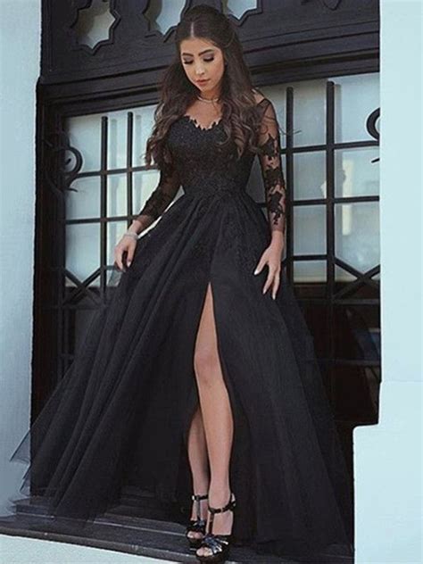 A Line Backless Long Sleeves Black Lace Prom Dresses