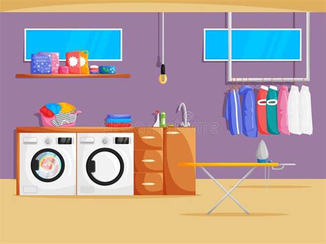 Vector Laundry Room Interior In Cartoon Flat Style Stock Vector Illustration Of Background