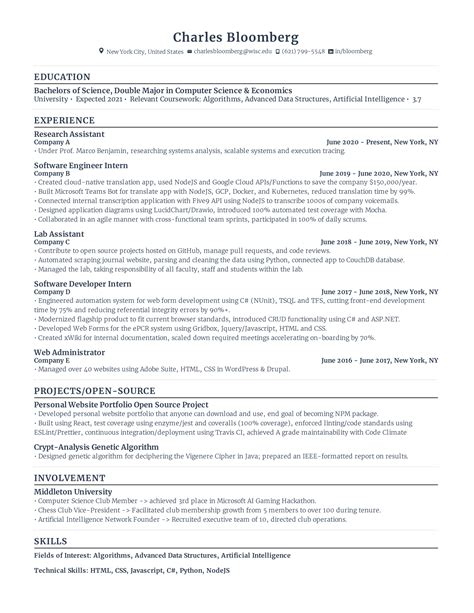Software Engineer Intern Resume Example And Tips For 2023 Example For
