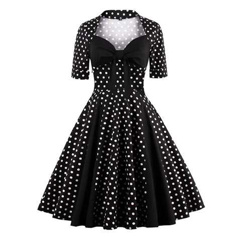 Womens Black White Polka Dot Dress Bow Neck Patchwork 50s 60s Audrey Hepburn Style Rockabilly