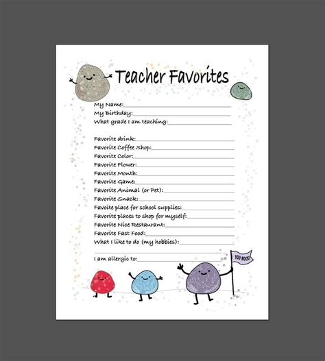 Teacher Favorites Printable All About Teacher Teacher Etsy Teacher