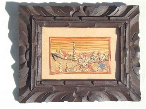 Vintage Mexican Carved Wood Frame W Colored Straw Folk Art Picture