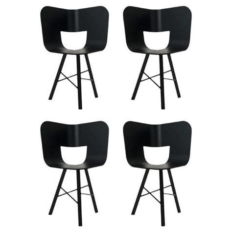 Set Of 2 Tria Wood 4 Legs Chair Black Open Pore Seat By Colé Italia
