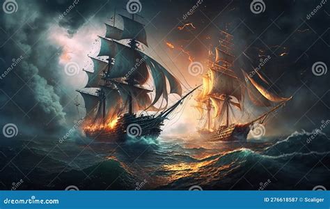 Battle Of Sea Old Sailing Ships On Background Of Fire And Smoke