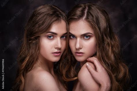 Fashion Studio Picture Of Two Twins Beautiful Women Close Up Beauty