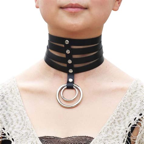 Leather Choker Necklace Adjustable Gothic O Ring Punk Collar For Girls