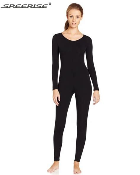 Women Black Long Sleeve Unitard Bodysuit Spandex Lycra Full Body Tight Jumpsuit Scoop Neck