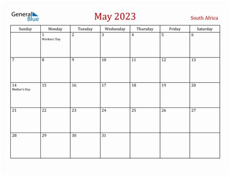 May 2023 Monthly Calendar With South Africa Holidays