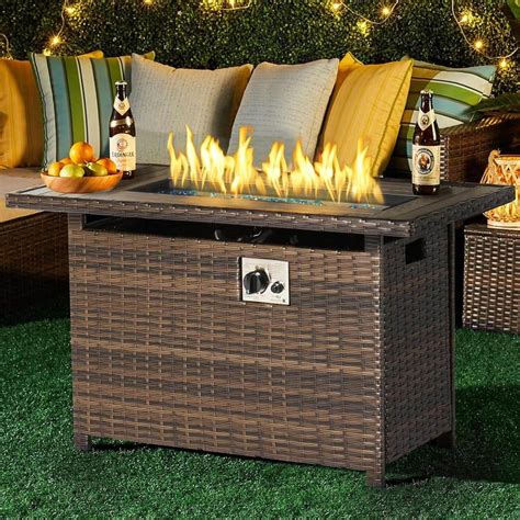 Sizzim Brown 40 In 50000 Btu Rectangular Wicker Outdoor Propane Fire Pit Table With Storage