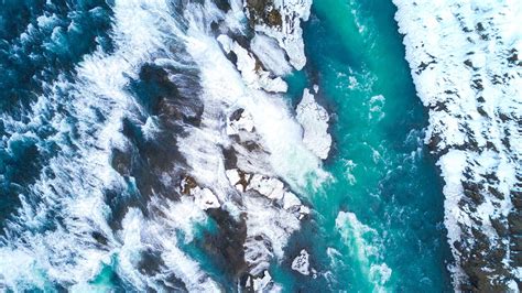 Download Wallpaper 2048x1152 Ice Floes Ice Aerial View Waterfall