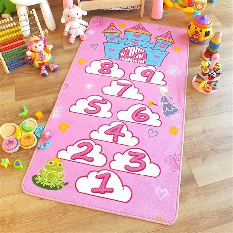 Princess Castle Hopscotch Pink Childrens Rug Play Mat 80cm X 150cm 26