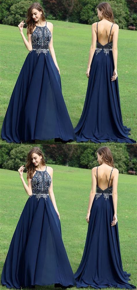 Halter Navy Blue Prom Dress Beaded Long Prom Dress Backless Stain Prom Dress 0138 By Rosyprom