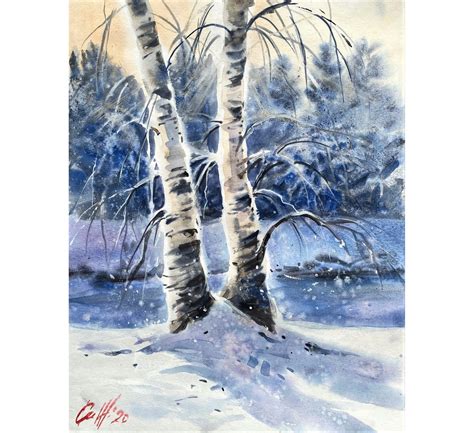 Birch Tree Painting Original Watercolor Winter Scene Art Snowy Etsy
