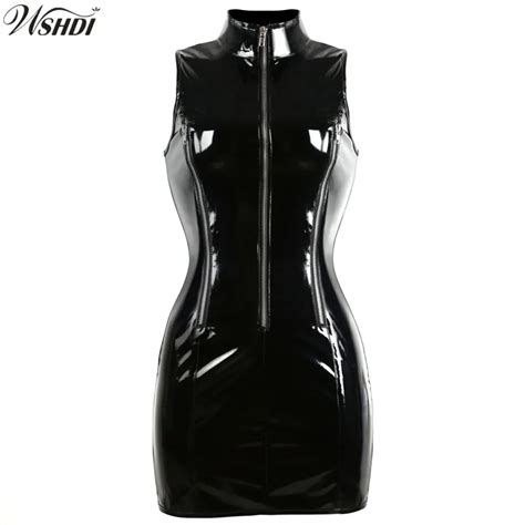 Black Slim Sexy Ladies Zipper Faux Leather Pvc Dress Women Bodycon Party Dresses Vestidos