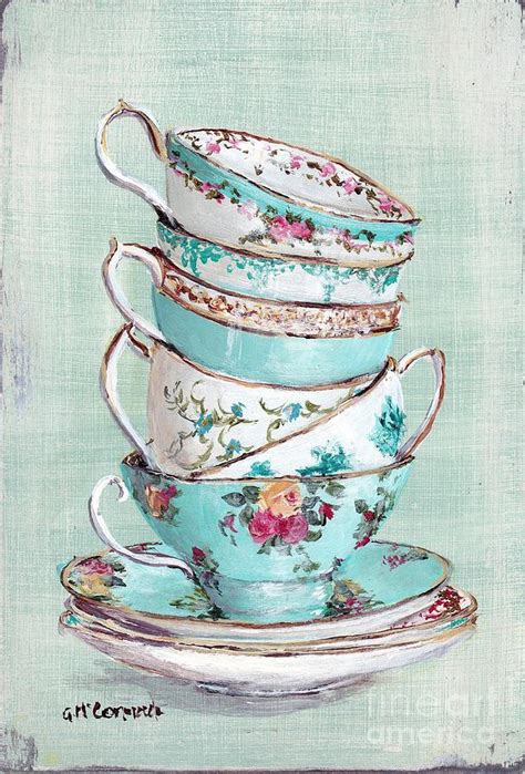 Stacked Aqua Themed Tea Cups Painting By Gail Mccormack Fine Art America