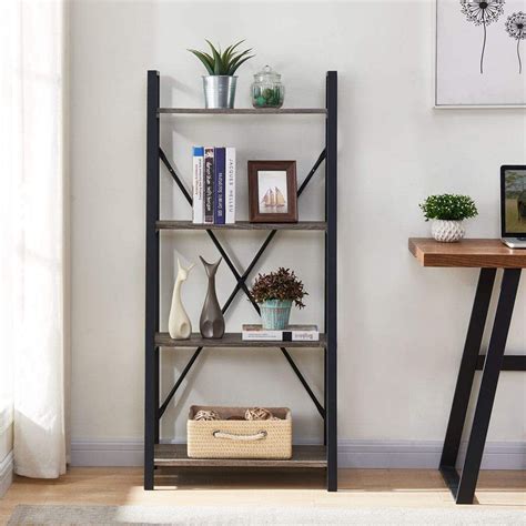 Bon Augure Ladder Shelf 4 Tier Leaning Industrial Bookshelf Rustic