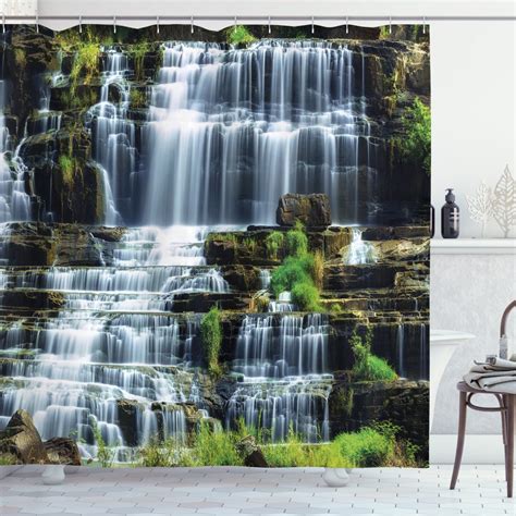 Rainforest Decorations Shower Curtain Set Waterfall In The Middle Of