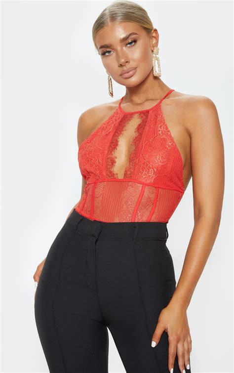 Red Halterneck Keyhole Lace Bodysuit Tops Prettylittlething