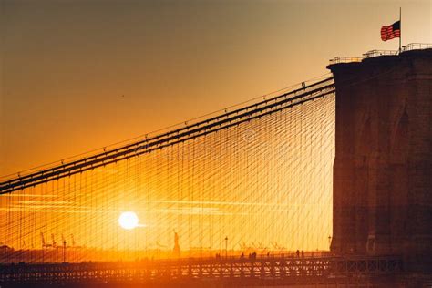 Closeup Brooklyn Bridge In New York City With Sunset Stock Image