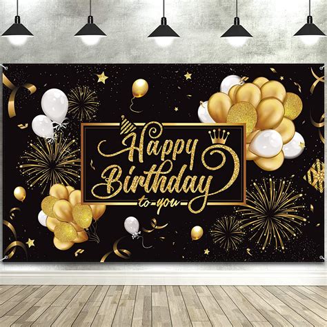 Happy Birthday Backdrop Banner Large Black Gold Balloon Star Fireworks