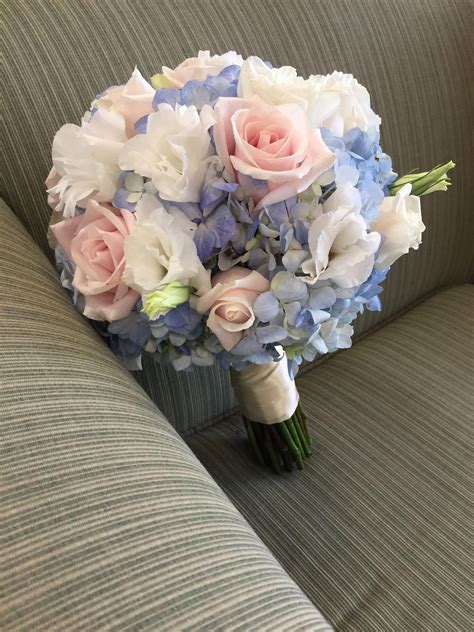 Soft Pink Rose Baby Blue Hydrangea White Lisianthus Wedding Bouquet