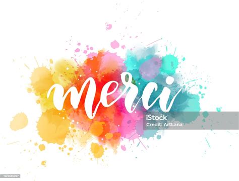 Merci Lettering On Watercolor Paint Splash Stock Illustration