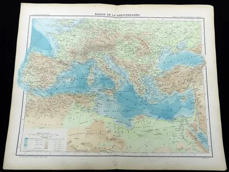ANTICA MAPPA DEL Bacino Del Mediterraneo Mare Geografia Fisica FRANCESE
