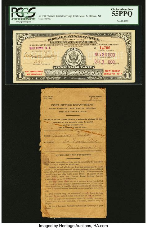 Postal Savings System Series 1917 1 Certificate Nov 28 1933 Lot