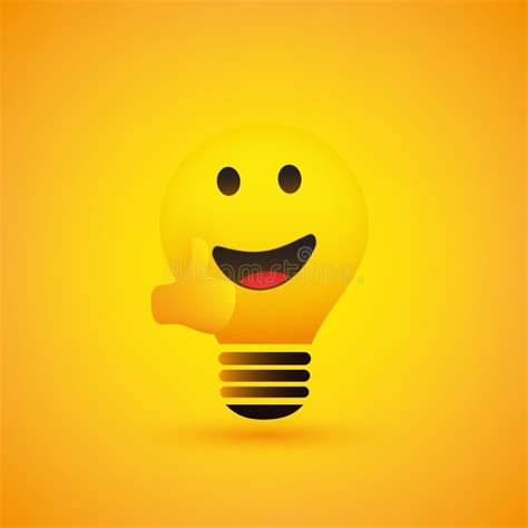 Smiling Light Bulb Emoticon With Thumbs Up Simple Shiny Happy