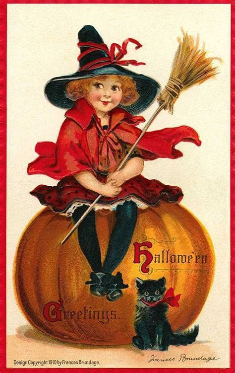 Fabric Block Halloween Vintage Postcard Image Frances Brundage Pumpkin