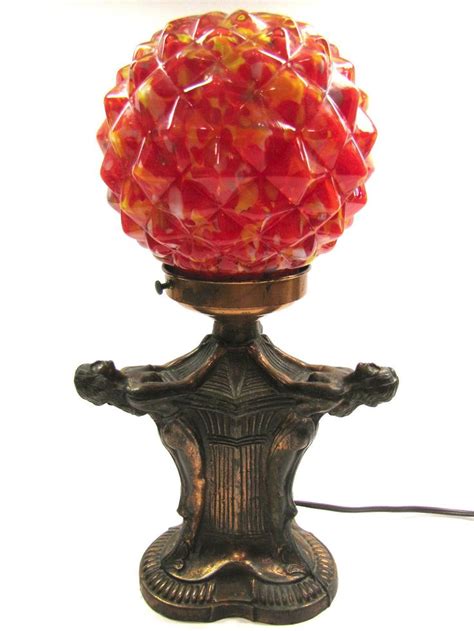 Vintage Art Deco Copper Tone Three Ladies Figural Lamp W Red Glass