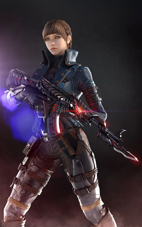 3d Female Character Wearing Black Armour Holding Rifle With Bayonet